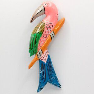 Vintage Hand-Painted Wooden Parrot Brooch Pin